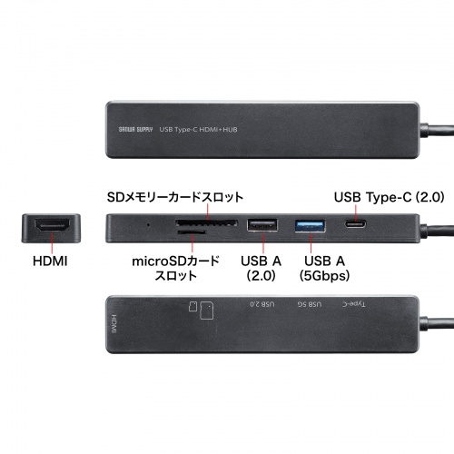 USB-C ハブ（6-in-1・HDMI・4K30Hz・映像出力・USB-Cポート搭載・USB 5Gbps・USB-Aポート搭載・カードリーダー・ブラック）