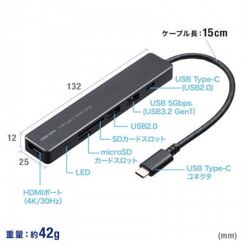 USB-C ハブ（6-in-1・HDMI・4K30Hz・映像出力・USB-Cポート搭載・USB 5Gbps・USB-Aポート搭載・カードリーダー・ブラック）