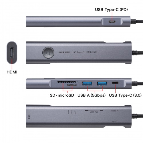 ドッキングステーション（USB Type-C・画面ON/OFFスイッチ付き・HDMI・4K/60Hz・USB PD100W対応・USB 5Gbps・カードリーダー・ケーブル一体型・モバイル・持ち運び）