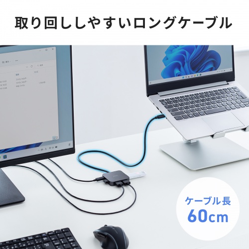USB-Cハブ（2画面出力・HDMI×2・Type-C映像出力可能・マルチディスプレイ・4K/60Hz・PD100W入力・USB5Gbps・ケーブル長60cm）