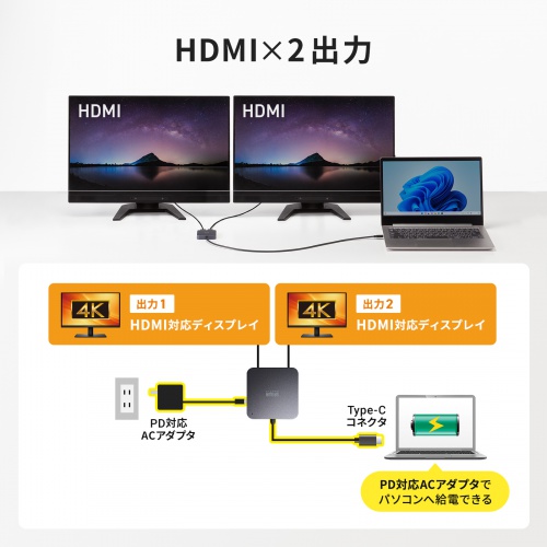 USB-Cハブ（2画面出力・HDMI×2・Type-C映像出力可能・マルチディスプレイ・4K/60Hz・PD100W入力・USB5Gbps・ケーブル長60cm）