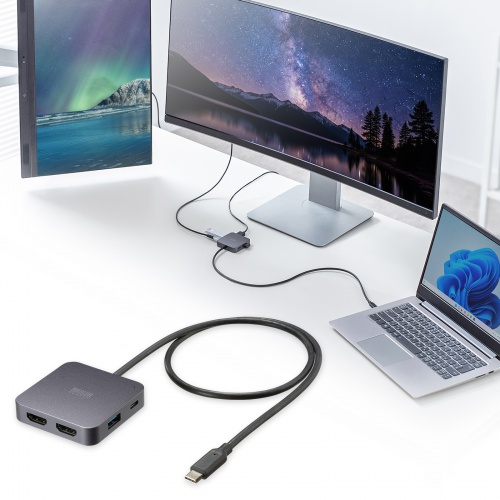 USB-Cハブ（2画面出力・HDMI×2・Type-C映像出力可能・マルチディスプレイ・4K/60Hz・PD100W入力・USB5Gbps・ケーブル長60cm）