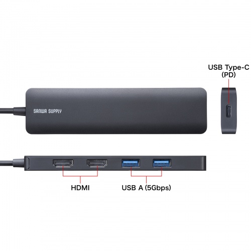 ドッキングステーション（Type-C 接続・5 in 1・HDMI2つ・2画面出力・4K/60Hz対応・PD100W・スリム・コンパクト・USB A 2つ・ケーブル長30cm）