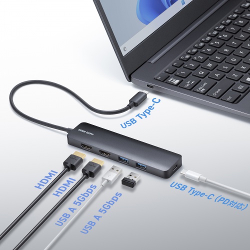 ドッキングステーション（Type-C 接続・5 in 1・HDMI2つ・2画面出力・4K/60Hz対応・PD100W・スリム・コンパクト・USB A 2つ・ケーブル長30cm）