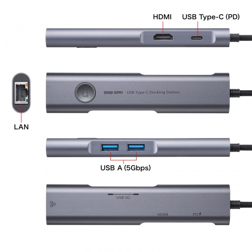 ドッキングステーション（USB Type-C・画面ON/OFFスイッチ付き・HDMI・4K/60Hz・USB PD100W対応・USB 5Gbps・ケーブル一体型・LAN接続・持ち運び）