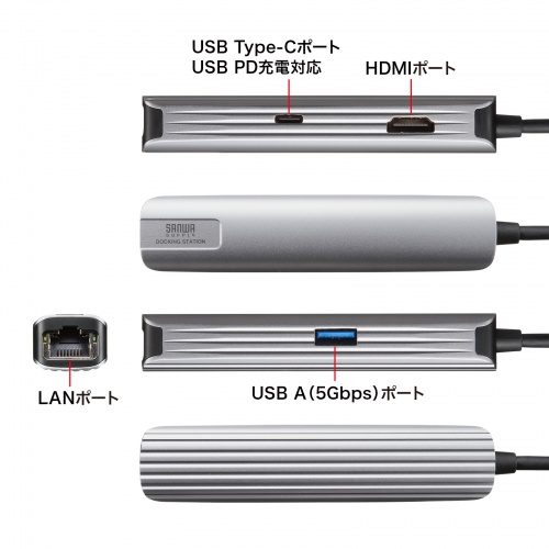 USB Type-Cドッキングハブ（スリム・HDMI映像出力・USB A×1・USB-C×1・LAN・PD100W対応・放熱構造・100cm）