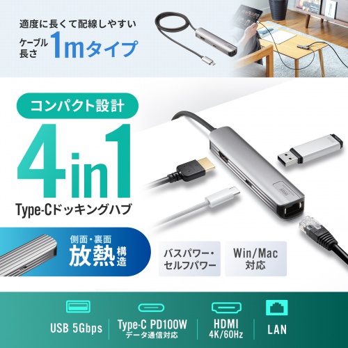 USB Type-Cドッキングハブ（スリム・HDMI映像出力・USB A×1・USB-C×1・LAN・PD100W対応・放熱構造・100cm）