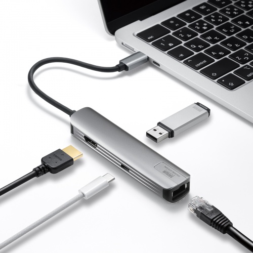 USB Type--C ハブ（スリム・HDMI映像出力・USB A×1・USB-C×1・LAN・PD100W対応・放熱構造・15cm）
