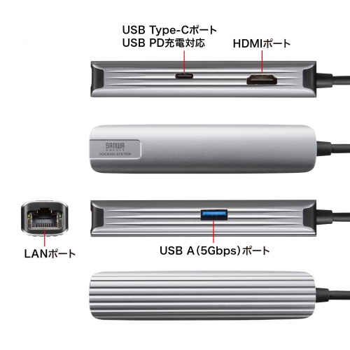 USB Type--C ハブ（スリム・HDMI映像出力・USB A×1・USB-C×1・LAN・PD100W対応・放熱構造・15cm）