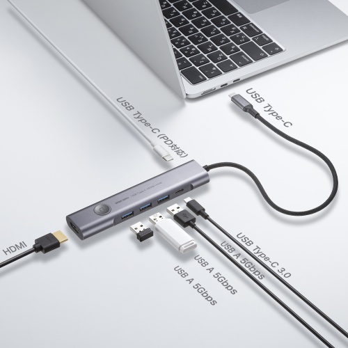 ドッキングステーション（USB Type-C・画面ON/OFFスイッチ付き・HDMI・4K/60Hz・USB PD100W対応・USB 5Gbps・ケーブル一体型・モバイル・持ち運び）