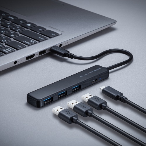 USB Type-C ハブ（4ポート・USB A×3・Type-C×1・PD100W対応・最大90W給電・USB 5Gbps・薄型・コンパクト・ケーブル一体型・ブラック）