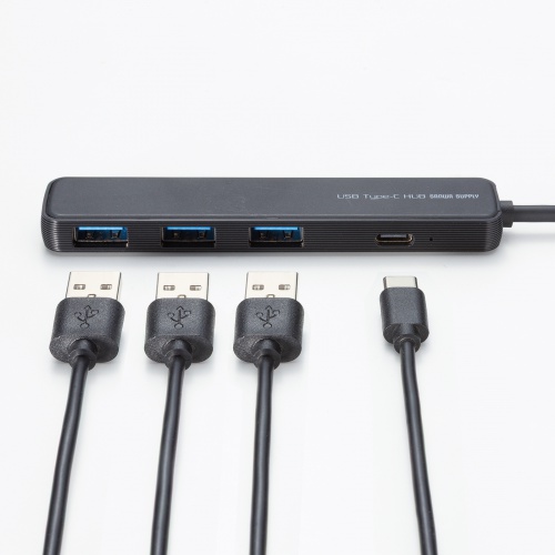 USB Type-C ハブ（4ポート・USB A×3・Type-C×1・PD100W対応・最大90W給電・USB 5Gbps・薄型・コンパクト・ケーブル一体型・ブラック）