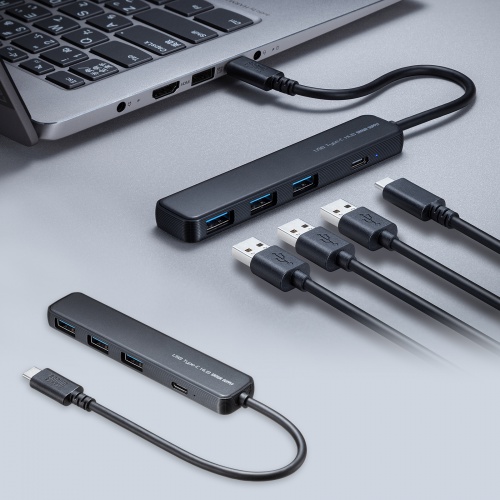 USB Type-C ハブ（4ポート・USB A×3・Type-C×1・PD100W対応・最大90W給電・USB 5Gbps・薄型・コンパクト・ケーブル一体型・ブラック）