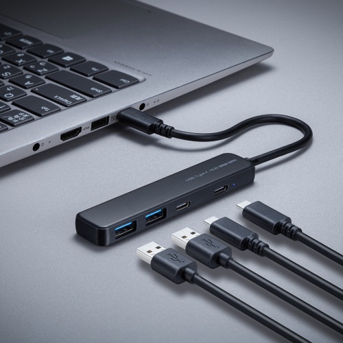 USB Type-C ハブ（4ポート・USB A×2・Type-C×2・PD100W対応・最大90W給電・USB・5Gbps・薄型・コンパクト ケーブル一体型・ブラック）