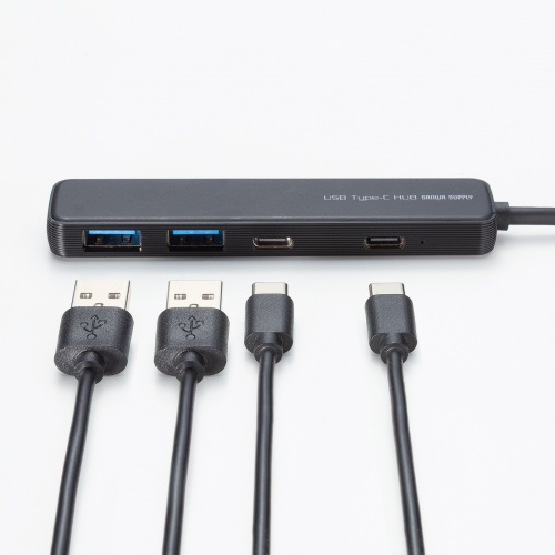 USB Type-C ハブ（4ポート・USB A×2・Type-C×2・PD100W対応・最大90W給電・USB・5Gbps・薄型・コンパクト ケーブル一体型・ブラック）