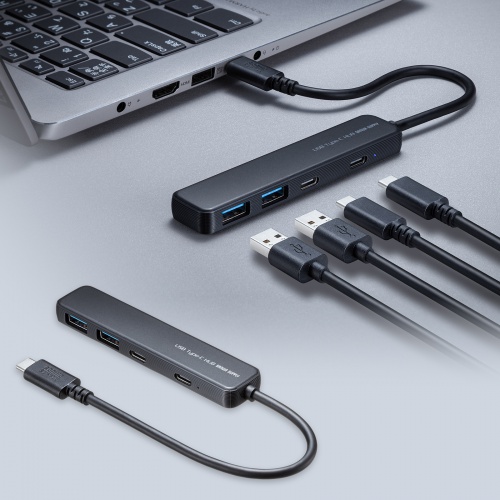 USB Type-C ハブ（4ポート・USB A×2・Type-C×2・PD100W対応・最大90W給電・USB・5Gbps・薄型・コンパクト ケーブル一体型・ブラック）