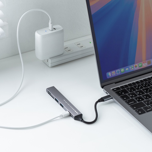 USBハブ（USB-C接続・5-in-1・薄型・スリム・カードリーダー付き・USB 5Gbps・Type-C・PD100W・ケーブル10cm・USB-A×2）