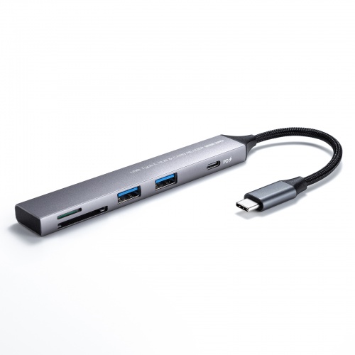 USBハブ（USB-C接続・5-in-1・薄型・スリム・カードリーダー付き・USB 5Gbps・Type-C・PD100W・ケーブル10cm・USB-A×2）