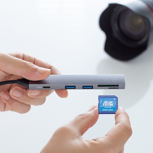 USBハブ（USB-C接続・5-in-1・薄型・スリム・カードリーダー付き・USB 5Gbps・Type-C・PD100W・ケーブル10cm・USB-A×2）
