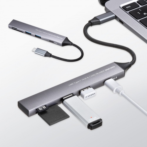 USBハブ（USB-C接続・5-in-1・薄型・スリム・カードリーダー付き・USB 5Gbps・Type-C・PD100W・ケーブル10cm・USB-A×2）