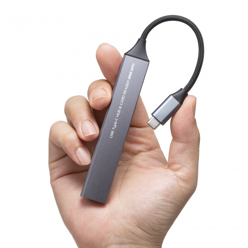 USBハブ（USB-C接続・5-in-1・薄型・スリム・カードリーダー付き・USB 5Gbps・Type-C・PD100W・ケーブル10cm・USB-A/USB-C×1）