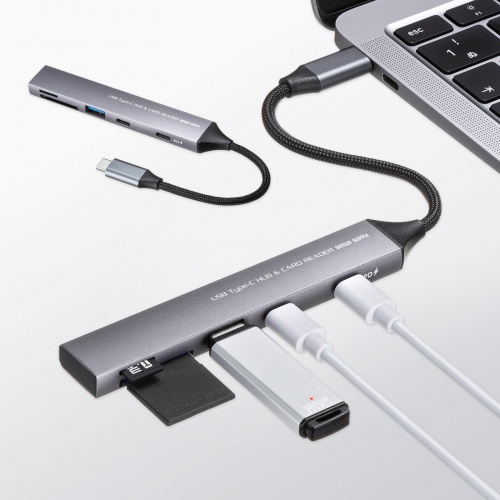 USBハブ（USB-C接続・5-in-1・薄型・スリム・カードリーダー付き・USB 5Gbps・Type-C・PD100W・ケーブル10cm・USB-A/USB-C×1）