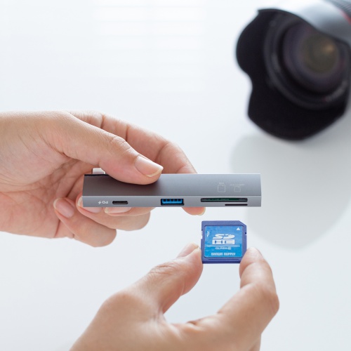 USBハブ（USB-C接続・4-in-1・直挿し・薄型・スリム・カードリーダー付き・USB 5Gbps・Type-C・USB-A・PD100W・コンパクト）