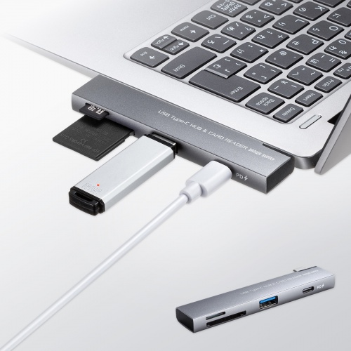 USBハブ（USB-C接続・4-in-1・直挿し・薄型・スリム・カードリーダー付き・USB 5Gbps・Type-C・USB-A・PD100W・コンパクト）