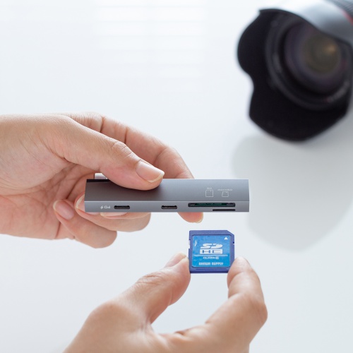 USBハブ（USB-C接続・4-in-1・直挿し・薄型・スリム・カードリーダー付き・USB 5Gbps・Type-C・PD100W・コンパクト）