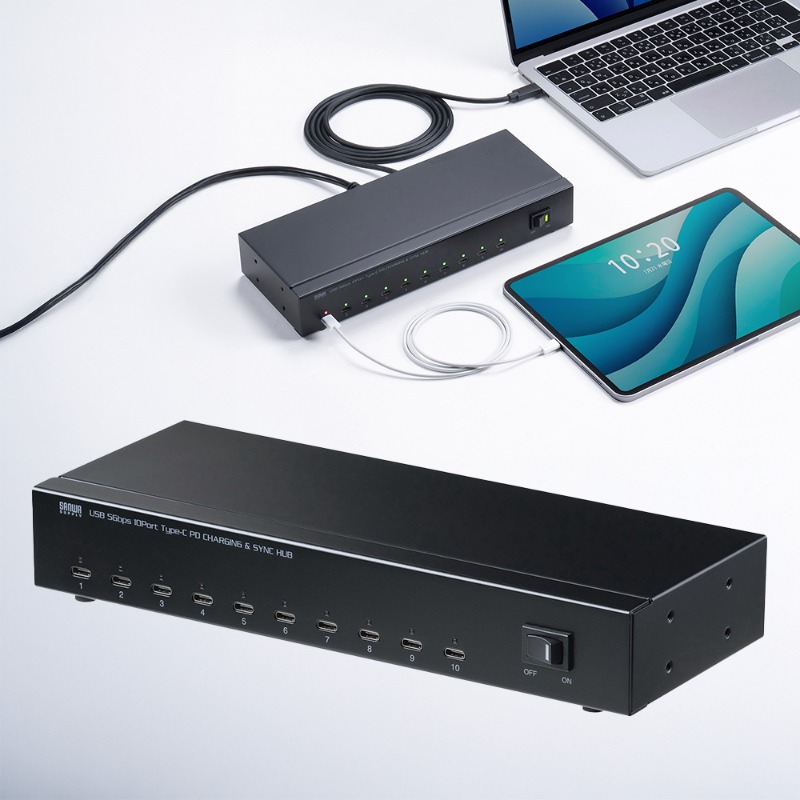 Type-C 10ポートハブ（USB・5Gbps・iPad タブレット 10台同時充電/同期・セルフパワー・USB PD・27W・デイジーチェーン可能・学校向け・法人向け）