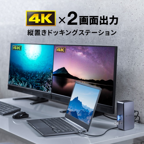 ドッキングステーション（タイプCハブ・USBハブ・縦置きタイプ・HDMI・2画面出力対応・4K/60Hz対応・PD100W・有線LAN対応・放熱設計） USB-CVDK12 サンワサプライ