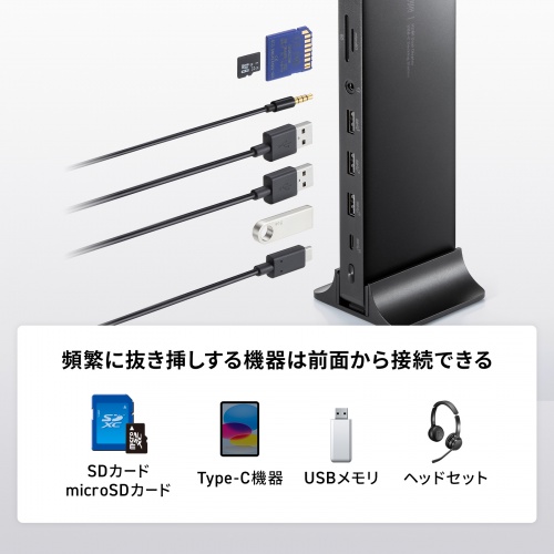 ドッキングステーション（タイプCハブ・HDMI・2画面出力・縦型スタンド付き・4K/60Hz対応・PD65W・充電アダプタ付き・アルミ製） USB-CVDK16 サンワサプライ