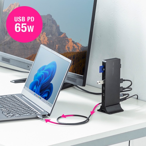ドッキングステーション（タイプCハブ・HDMI・2画面出力・縦型スタンド付き・4K/60Hz対応・PD65W・充電アダプタ付き・アルミ製） USB-CVDK16 サンワサプライ