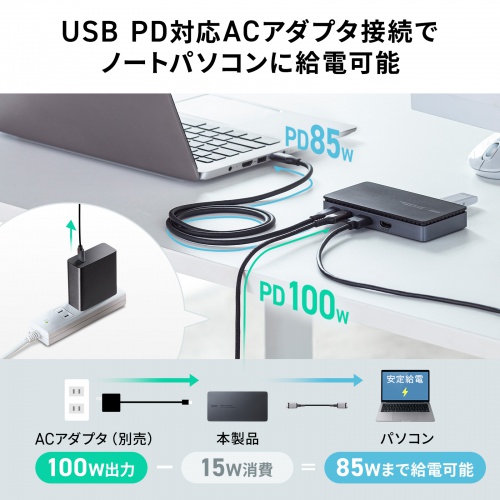 ドッキングステーション（USB Type-C・HDMI×2・LANなし・4K/30Hz・PD100W対応・コンパクト・2画面出力・PD充電・据え置き）
