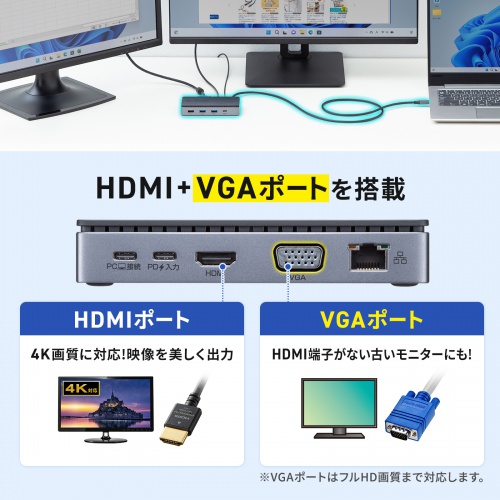ドッキングステーション（2画面出力・HDMI / VGA 対応・USB Type-C・コンパクトサイズ・PD100W対応・LANポートUSB Aポート・Windows/Mac）