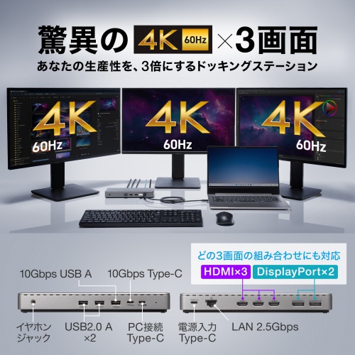 ドッキングステーション（3画面・4K/60Hz・Mac/Win対応・USB-C接続・HDMI×3 DP×2・据え置き型・11-in-1・シルバー）