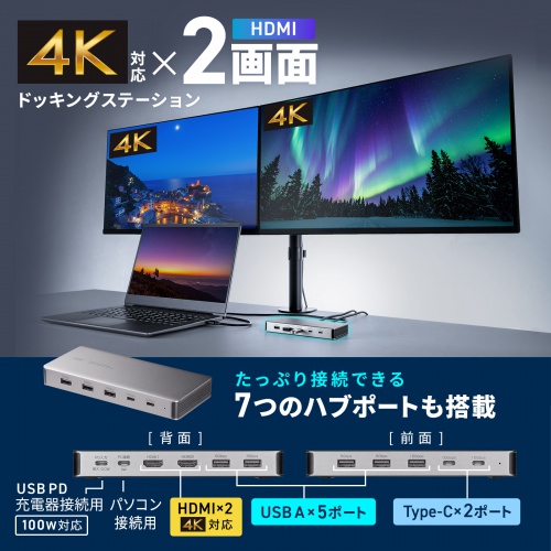 ドッキングステーション（2画面・4K・10-in-1・USB-C接続・PD100W充電・HDMI×2・USB-A×5・USB-C×2・据え置き型・シルバー）