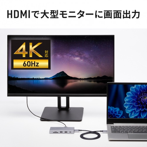 ドッキングステーション（Type-C・10-in-1・HDMI・1画面・4K/60Hz・PD急速充電・SDカードリーダー・LAN・MACアドレスパススルー・コンパクト・ケーブル着脱式）