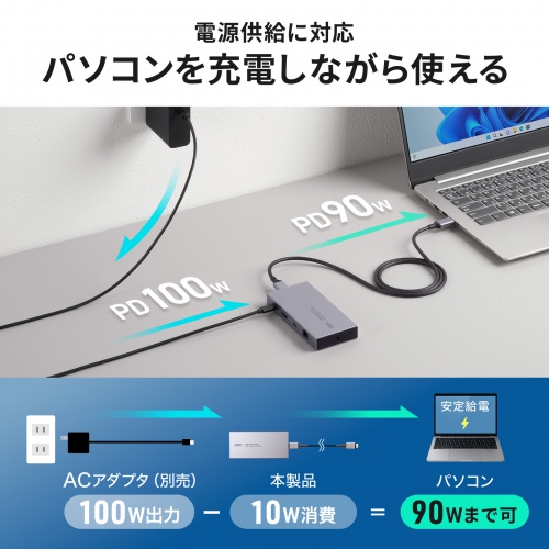 ドッキングステーション（Type-C・10-in-1・HDMI・1画面・4K/60Hz・PD急速充電・SDカードリーダー・LAN・MACアドレスパススルー・コンパクト・ケーブル着脱式）