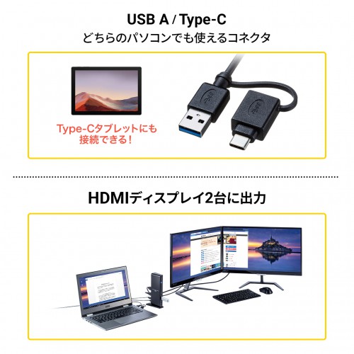 ドッキングステーション（タイプCハブ・USBハブ・Type-C・USB3.2A接続・２画面出力・HDMI・有線LAN） USB-CVDK7 サンワサプライ