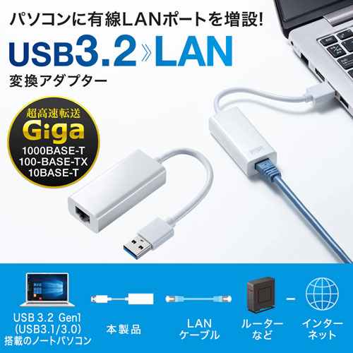 USB-LAN変換アダプタ（USB3.2・ギガビット対応・おすすめ・ホワイト） USB-CVLAN1WN サンワサプライ