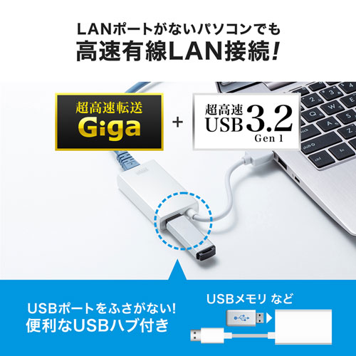 LANアダプタ(USB3.1-LAN変換・USBハブ1ポート・ホワイト)