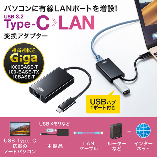 TypeC-LAN変換アダプタ（USB3.2・USBハブポート付・ギガビット対応・おすすめ・ブラック） USB-CVLAN4BKN サンワサプライ
