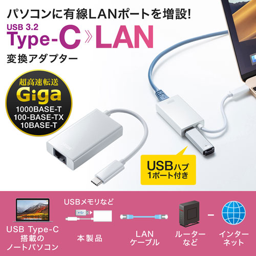TypeC-LAN変換アダプタ（USB・USBハブポート付・ギガビット対応・おすすめ・ホワイト） USB-CVLAN4WN サンワサプライ
