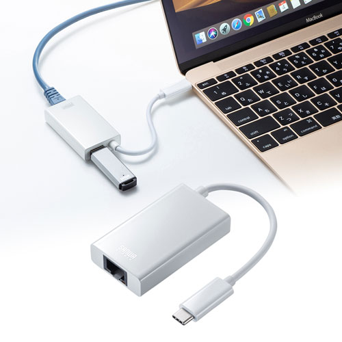 TypeC-LAN変換アダプタ（USB・USBハブポート付・ギガビット対応・おすすめ・ホワイト） USB-CVLAN4WN サンワサプライ