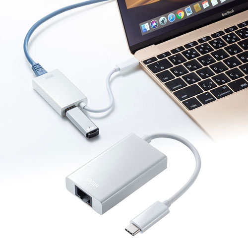 LANアダプタ(USB3.1 TypeC-LAN変換・USBハブ1ポート・ホワイト)