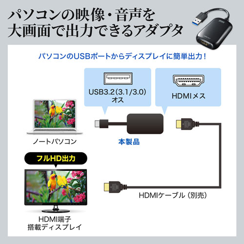 ディスプレイアダプター（USB・HDMI・ドライバー・インストール・フルHD・1080P対応・おすすめ・ブラック） USB-CVU3HD1N サンワサプライ