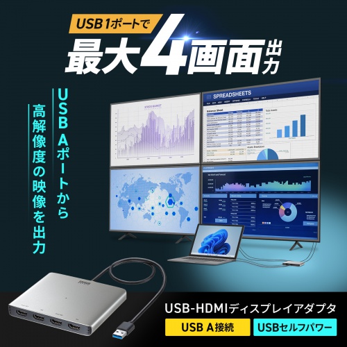 USB-HDMIディスプレイアダプタ（4K/30Hz対応・4画面出力・USB-A接続・変換アダプタ）