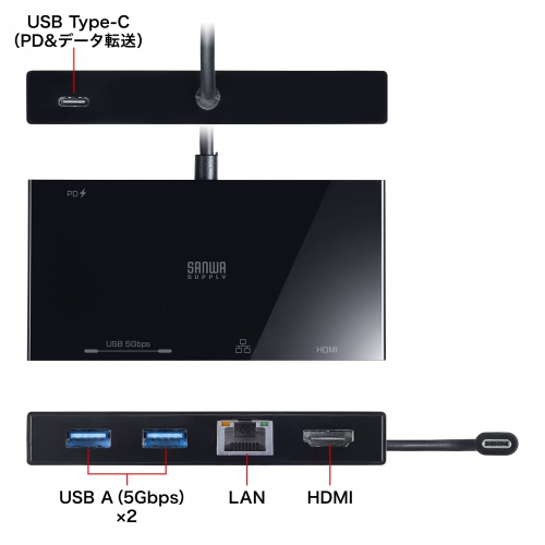 ドッキングステーション（Type-C 接続・5 in 1・HDMI 1つ・4K/60Hz・USB A 2つ・PD100W・LANポート・面ファスナー固定・ケーブル長 50cm）