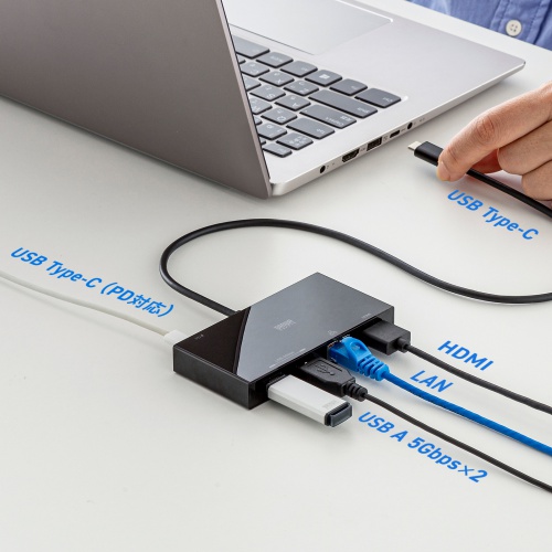 ドッキングステーション（Type-C 接続・5 in 1・HDMI 1つ・4K/60Hz・USB A 2つ・PD100W・LANポート・面ファスナー固定・ケーブル長 50cm）